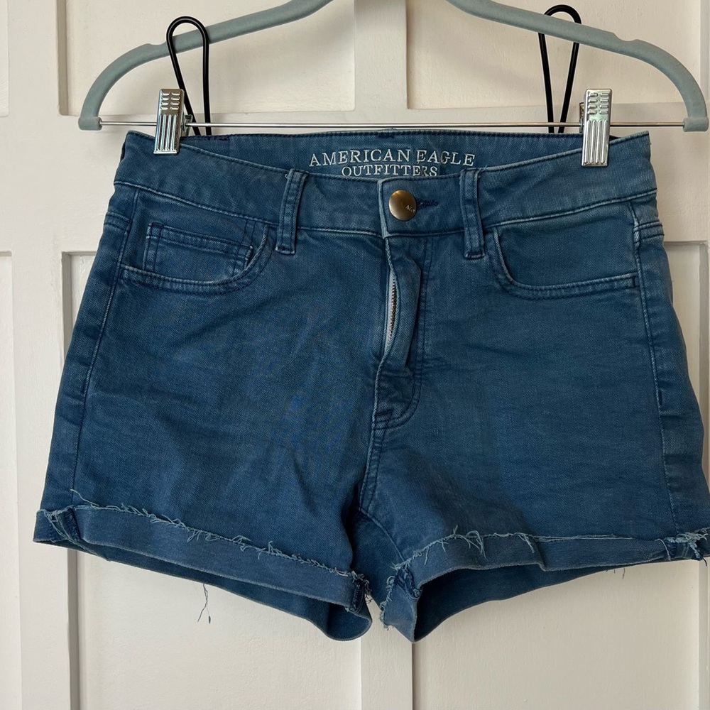 American Eagle Women’s Super Stretch High-Rise Shortie Shorts Size 4 Blue Cuffed